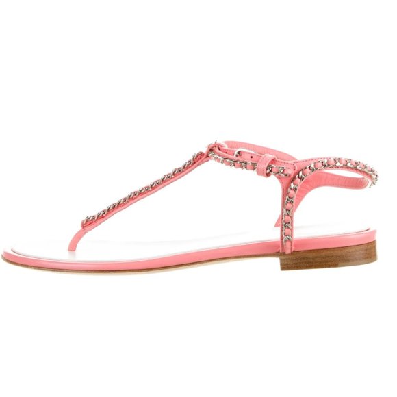 CHANEL Chain-Link Accent Leather T-Strap Sandals Pink Logo CC Ankle Strap - Picture 1 of 7